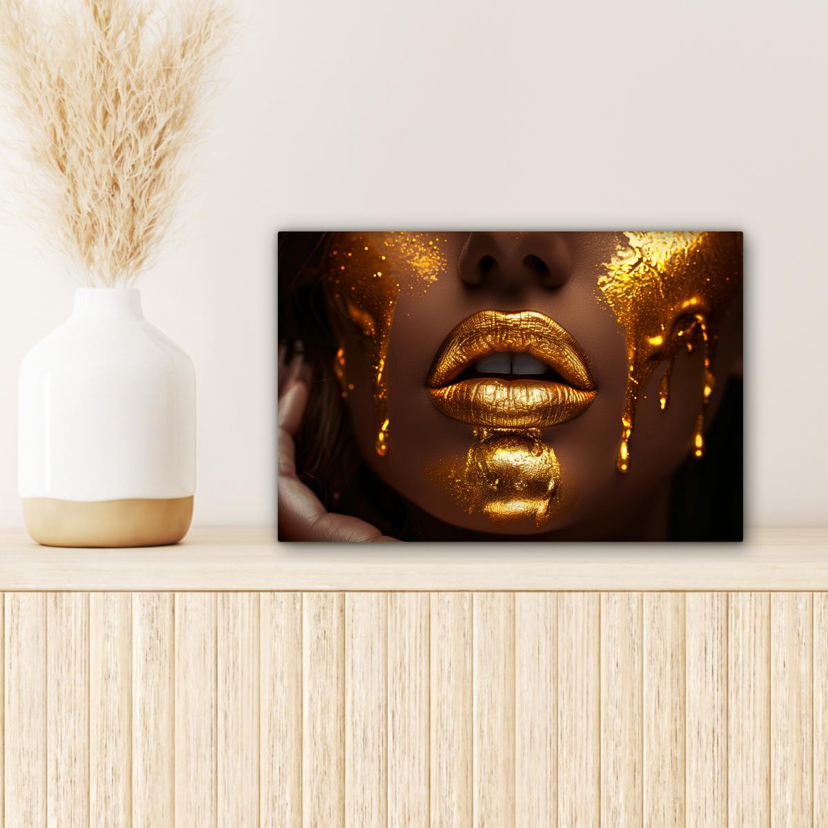LEINWANDBILD Frau - Gold - Luxus - Porträt Deko Schlafzimmer 30x20 cm - Goldfarben, Textil (30/20cm) - MuchoWow