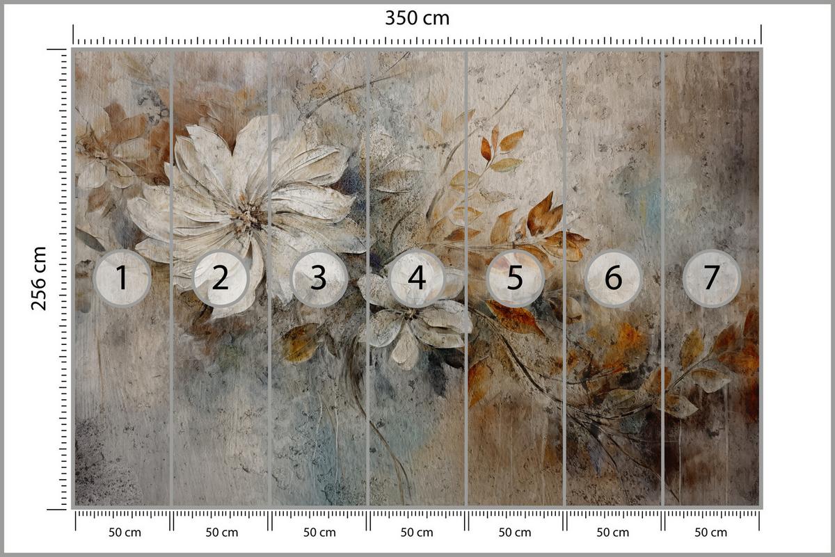 FOTOTAPETE für Wohnzimmer Retroblumen Blätter Beton Abstraktion Pflanzen 350x256 - Multicolor, Papier (350/256cm) - Muralo