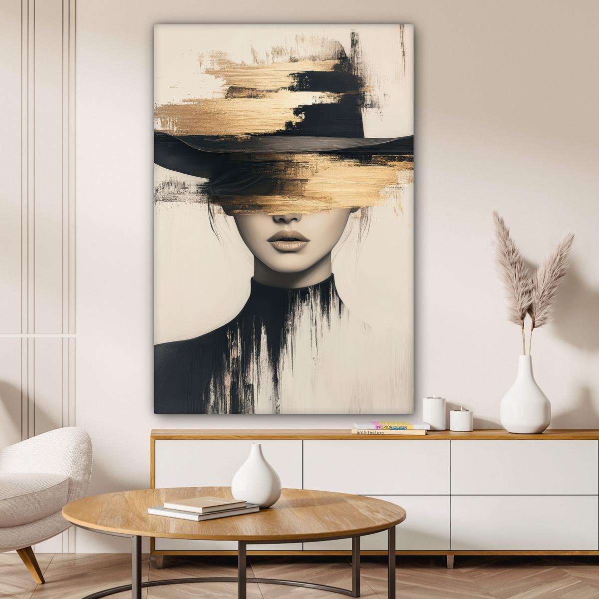 LEINWANDBILD Frau - Hut - Farbe Deko XXL 80x120 cm - Goldfarben, Textil (80/120cm) - MuchoWow