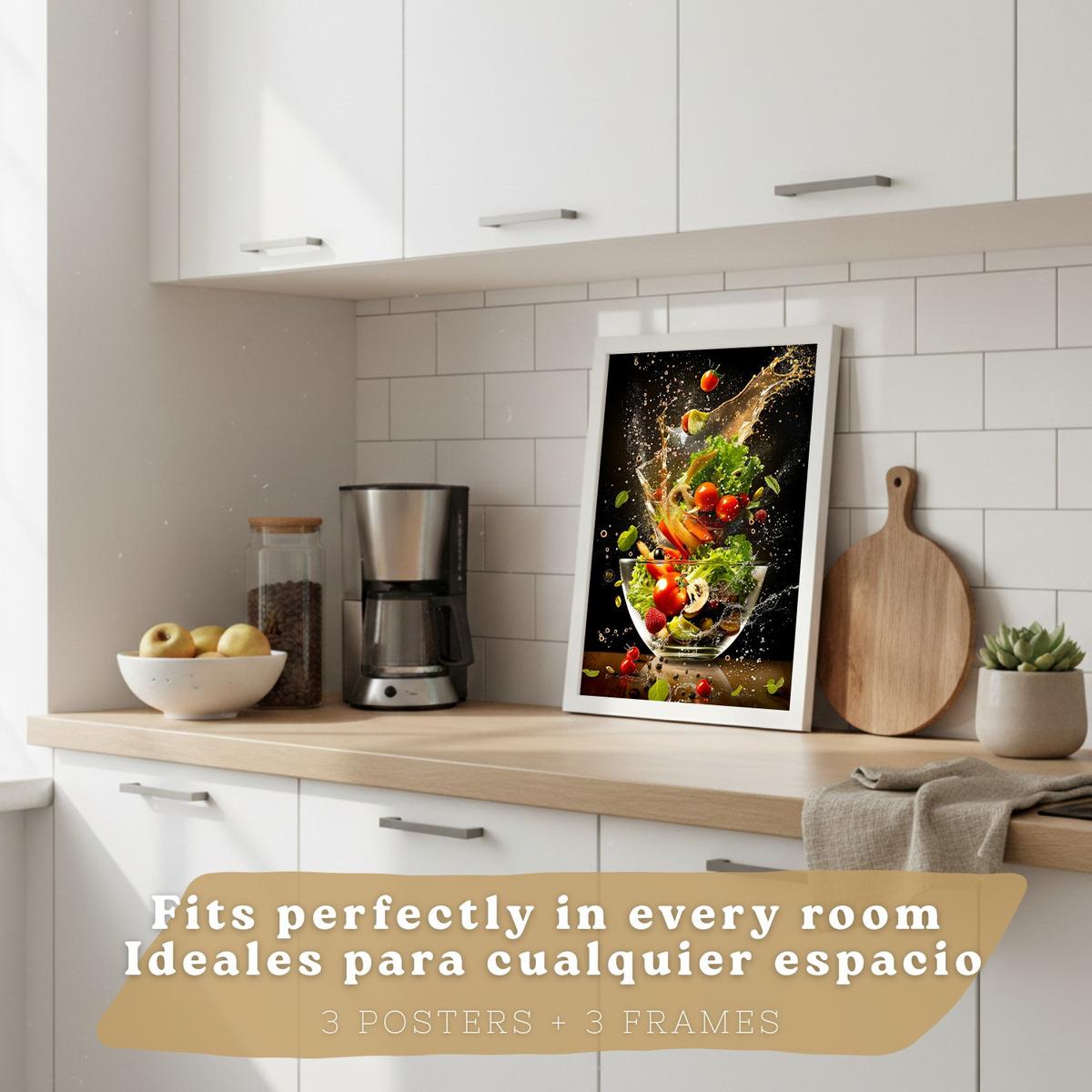 POSTER 3er Set Küchen-Wandbilder Dessert Salat und Obst Splash Fotografie Schwarzer Hintergrund Esszimmer Weißer Rahmen A4 - Weiß, Papier (29.7/1/21cm) - Nacnic