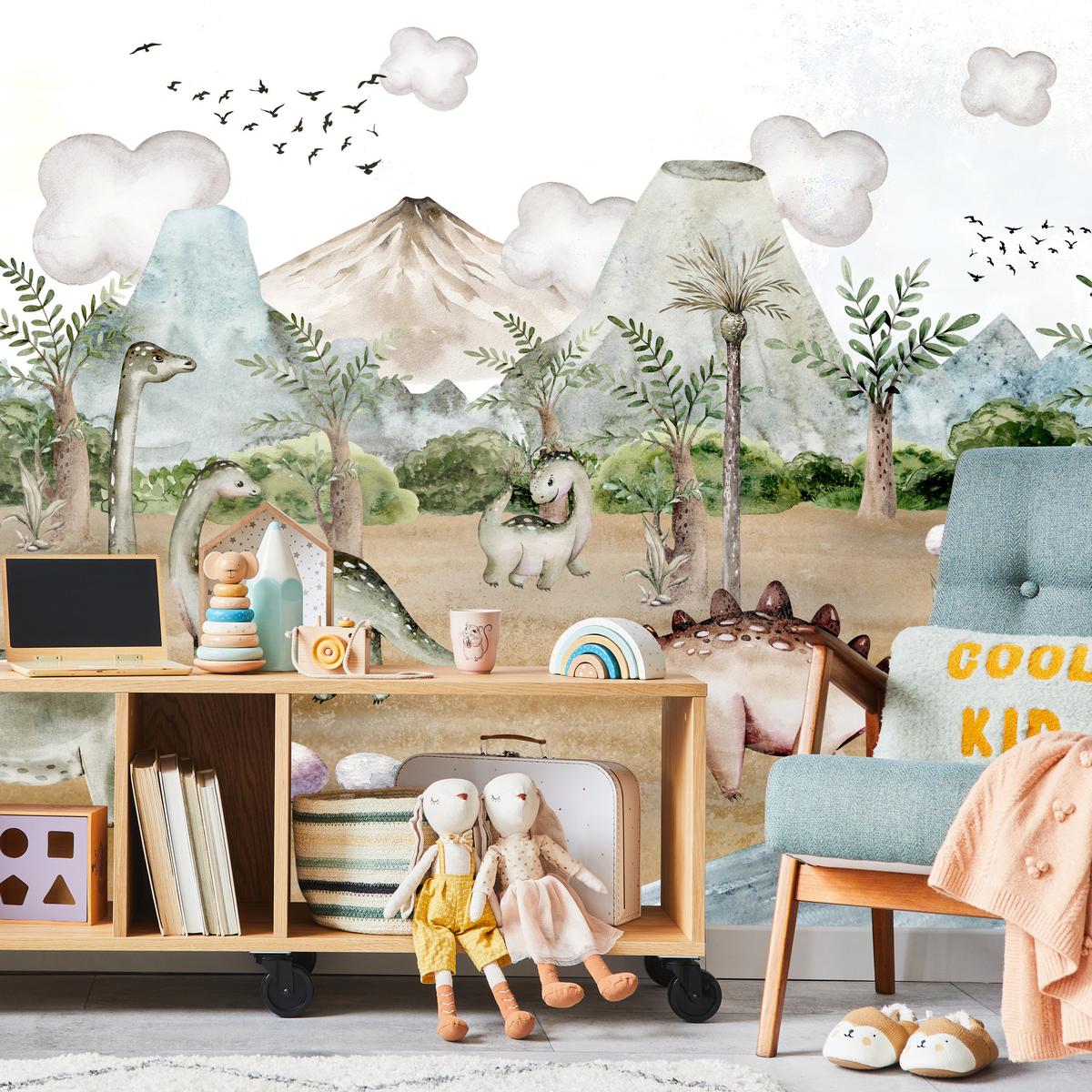 FOTOTAPETE für Kinderzimmer Dinosaurier Welt Vulkane Aquarell Tropische Bäume 300x210 - Blau/Beige, Papier (300/210cm) - Muralo