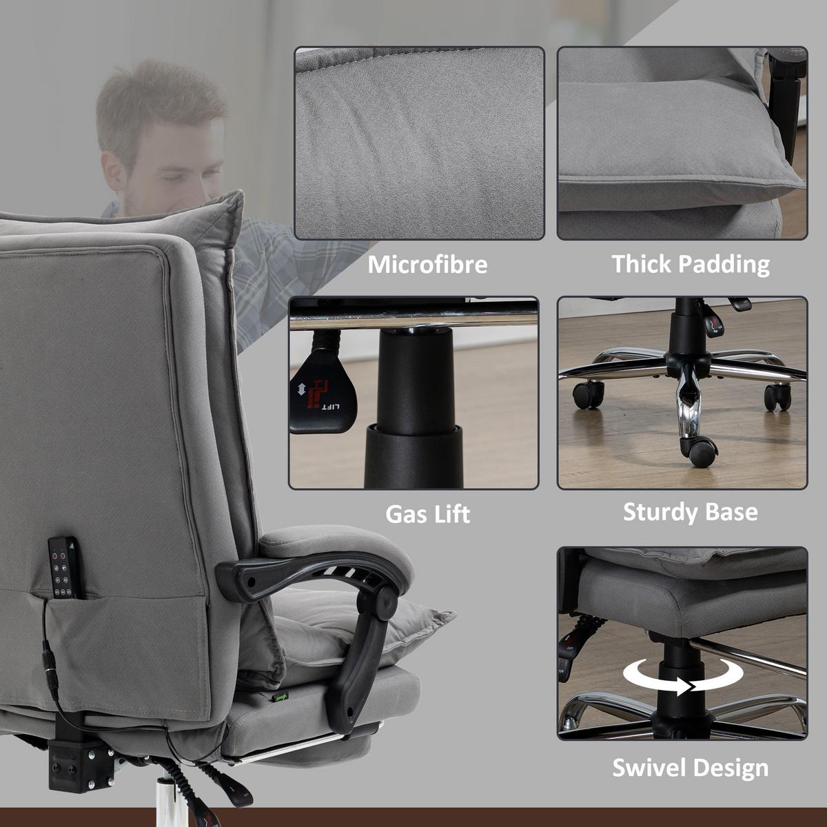MASSAGE-BÜROSTUHL, Schreibtischstuhl mit Heizfunktion, Liegefunktion, Grau - Grau, Kunststoff (74/121.5/66cm) - Vinsetto