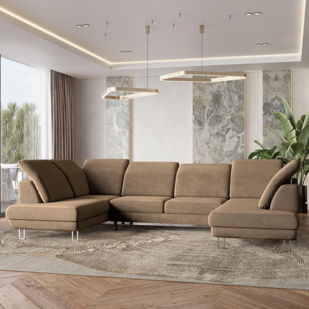 WOHNLANDSCHAFT TERAMO Beige Velours-Stoff mit Schlaffunktion - Beige/Silberfarben, Holz/Textil (316/88/193cm) - MASSENO