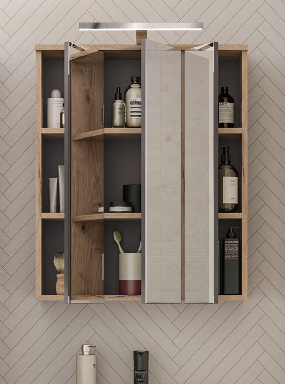 SPIEGELSCHRANK Eiche 60 x 77 cm Badschrank 3-türig mit Soft-Close - Eichefarben, Glas/Holzwerkstoff (60/77/18cm) - Inn.Furn