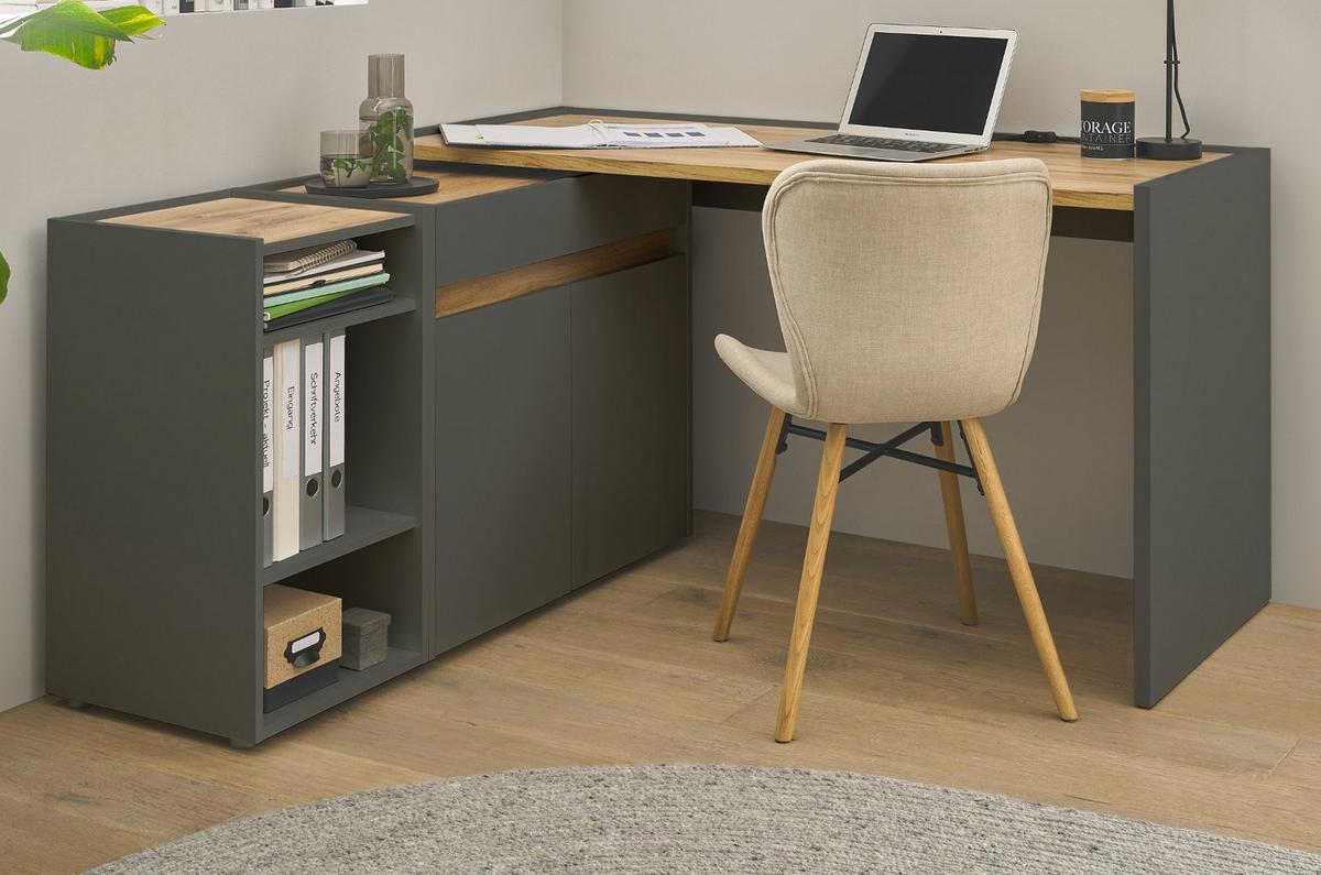 SCHREIBTISCHKOMBINATION 3-teilig grau matt, Eiche Wotan 143 cm, Büromöbel Set mit Aktenregal und Kommode - Eiche Wotan/Schwarz, Holzwerkstoff/Kunststoff (140/143/76cm) - Furn.Design