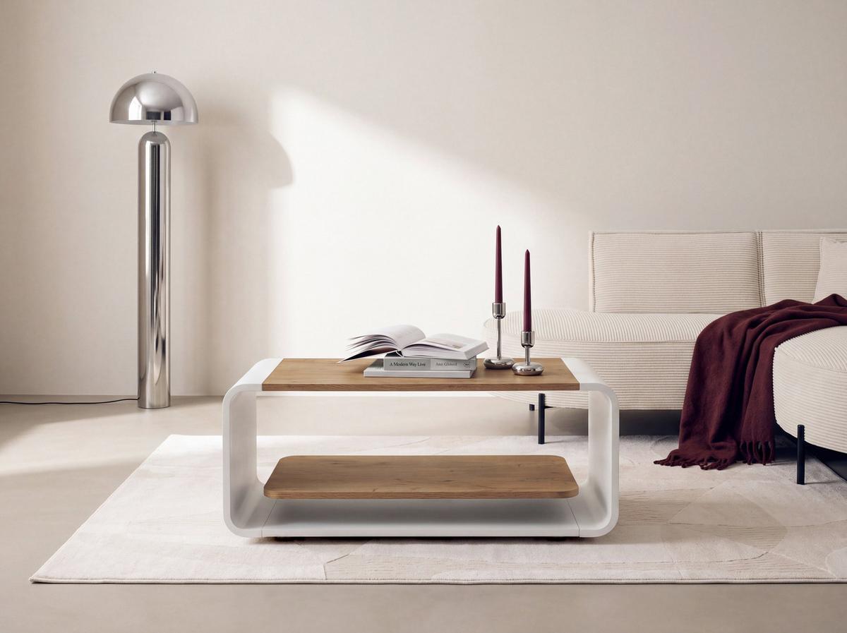 COUCHTISCH Sora in Lancelot Eiche mit abgerundetem weißem Metallgestell 100/50/41 cm - Eichefarben/Schwarz, Holzwerkstoff (50/100/41cm) - WFL GROUP