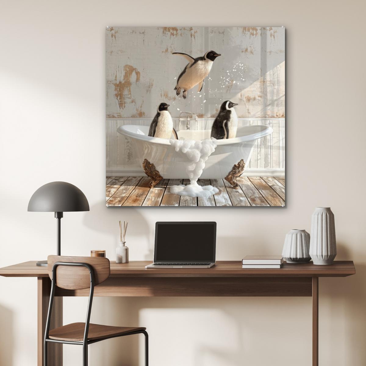 ACRYLGLASBILD Vintage - Pinguin - Badewanne - Schaumstoff 90x90 cm - Schwarz, Glas (90/90cm) - MuchoWow