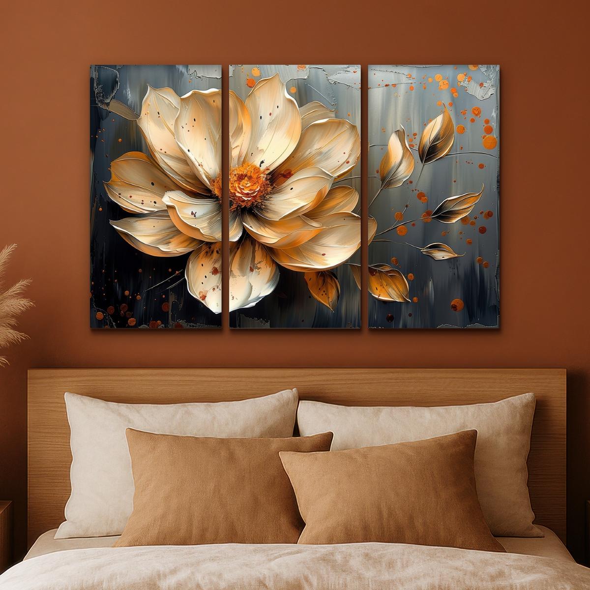 LEINWANDBILD 3er Set Blume - Gold - Abstrakt - Farbe 120x80 cm - Creme, Textil (120/80cm) - MuchoWow