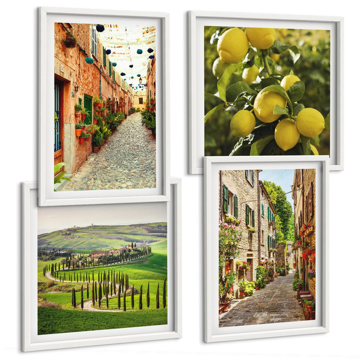 BILDER SET 4er Set - 50x50 cm & 40x60 cm Weißer Rahmen - Bezaubernde Straßen voller Zitronenblüten - Weiß, Kunststoff (50/50cm) - TULUP