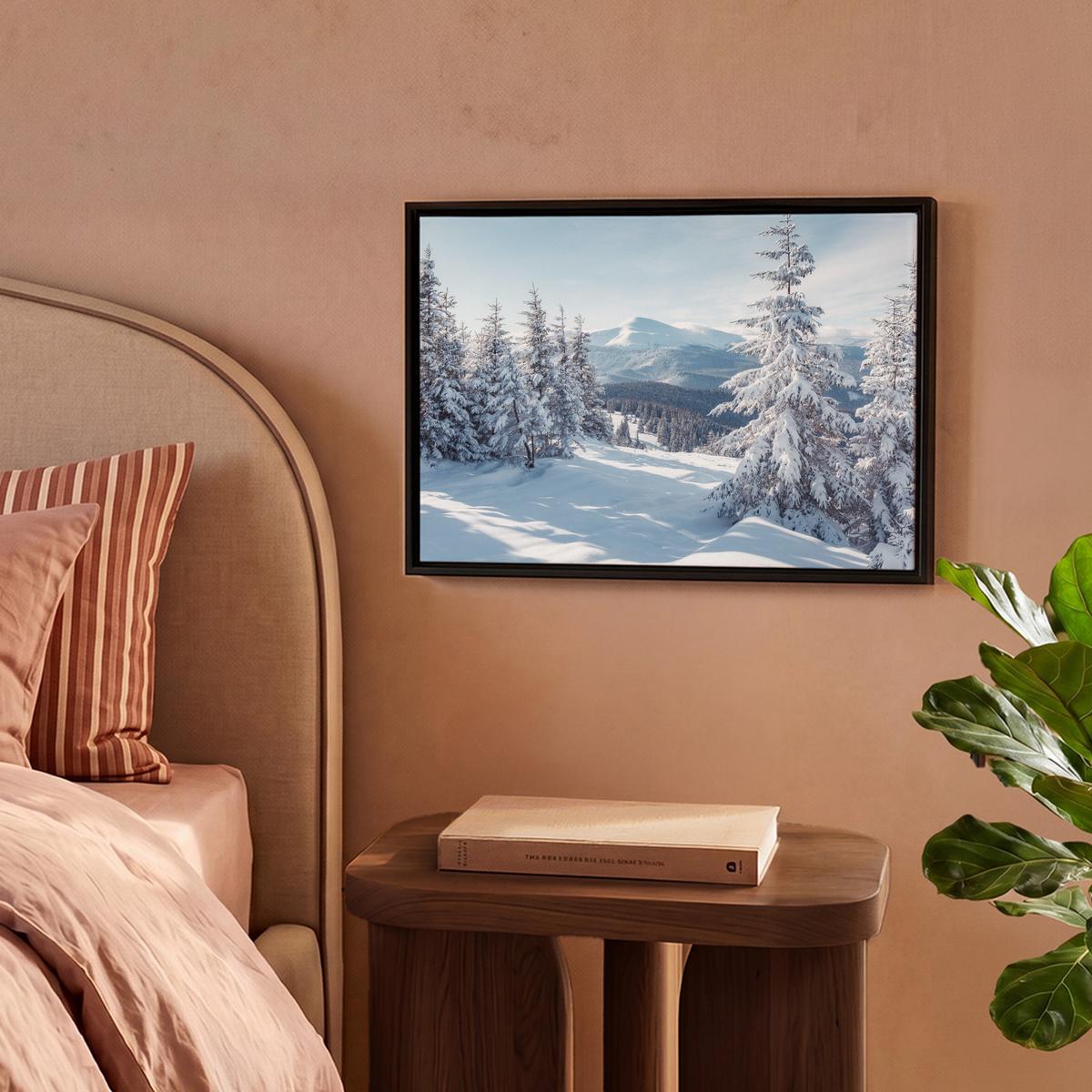 LEINWAND Bilder mit Rahmen - Winterlandschaft - Natur - Berge - Bäume - Schnee - 40x30 - Hellblau, Textil (40/30cm) - MuchoWow