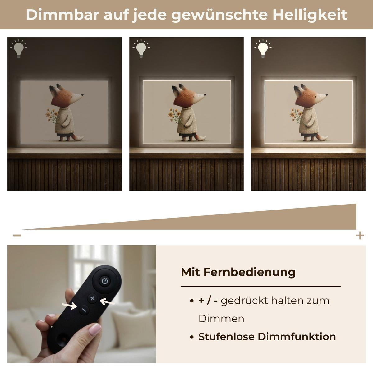 WANDLEUCHTE MIT AKKU Fuchs - Gelbe Blumen - Minimalistisch 40x30 cm - Taupe, Holzwerkstoff (40/30/8cm) - OnlyWow
