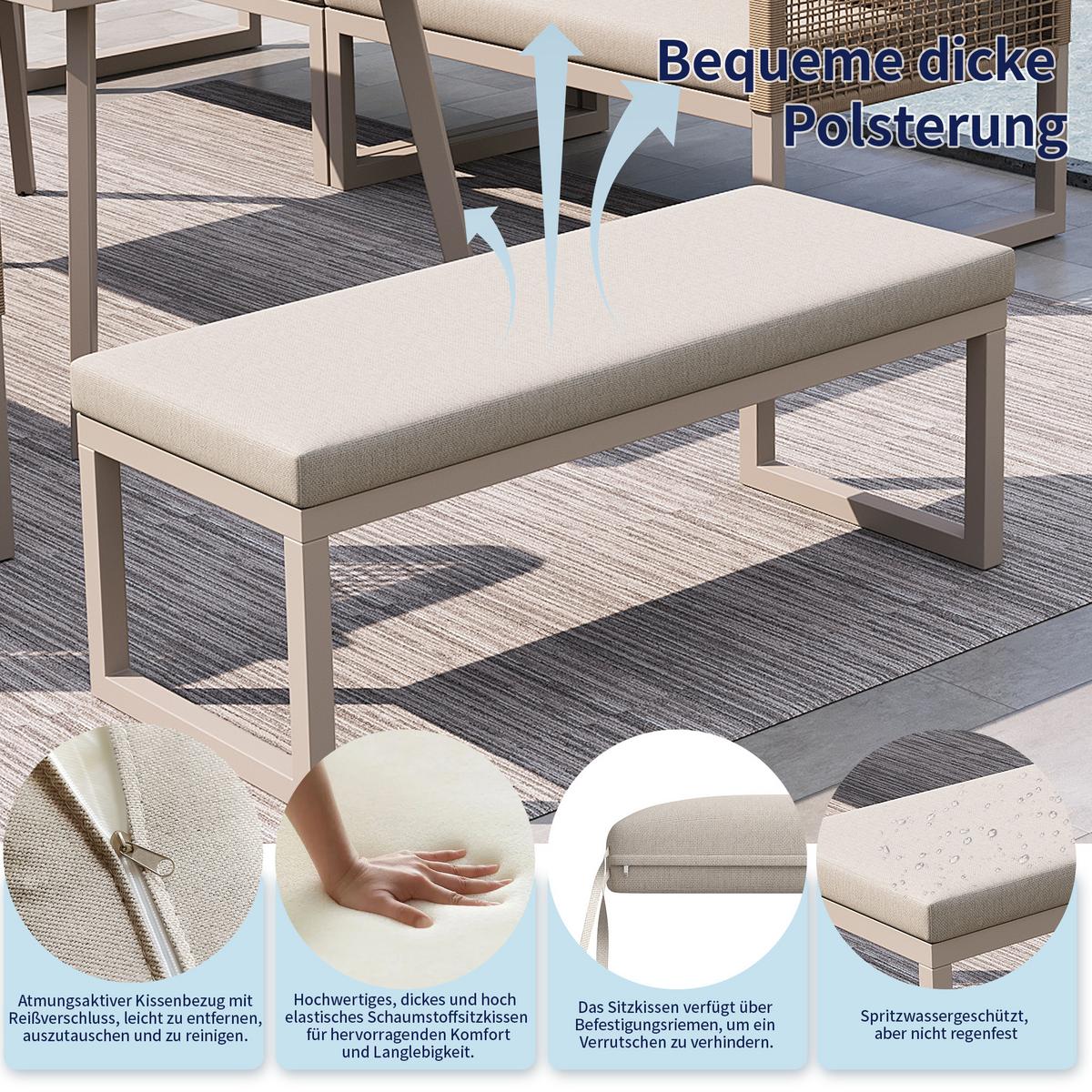 LOUNGEGARNITUR PE-Rattan Beige Ecksofa mit Tisch & Bank - Beige, Metall - Urban Meuble
