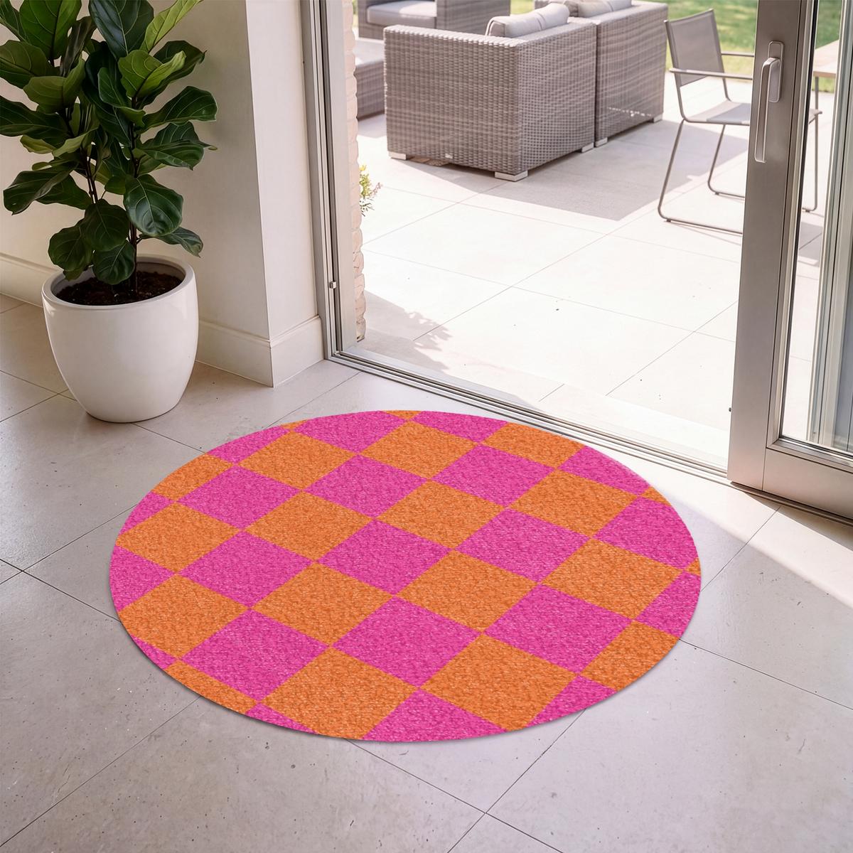 FUSSMATTE Schachbrettmuster - Orange - Rosa - Blöcke Schmutzfangmatte 120x120 cm - Pink, Kunststoff (120/0.4cm) - MuchoWow