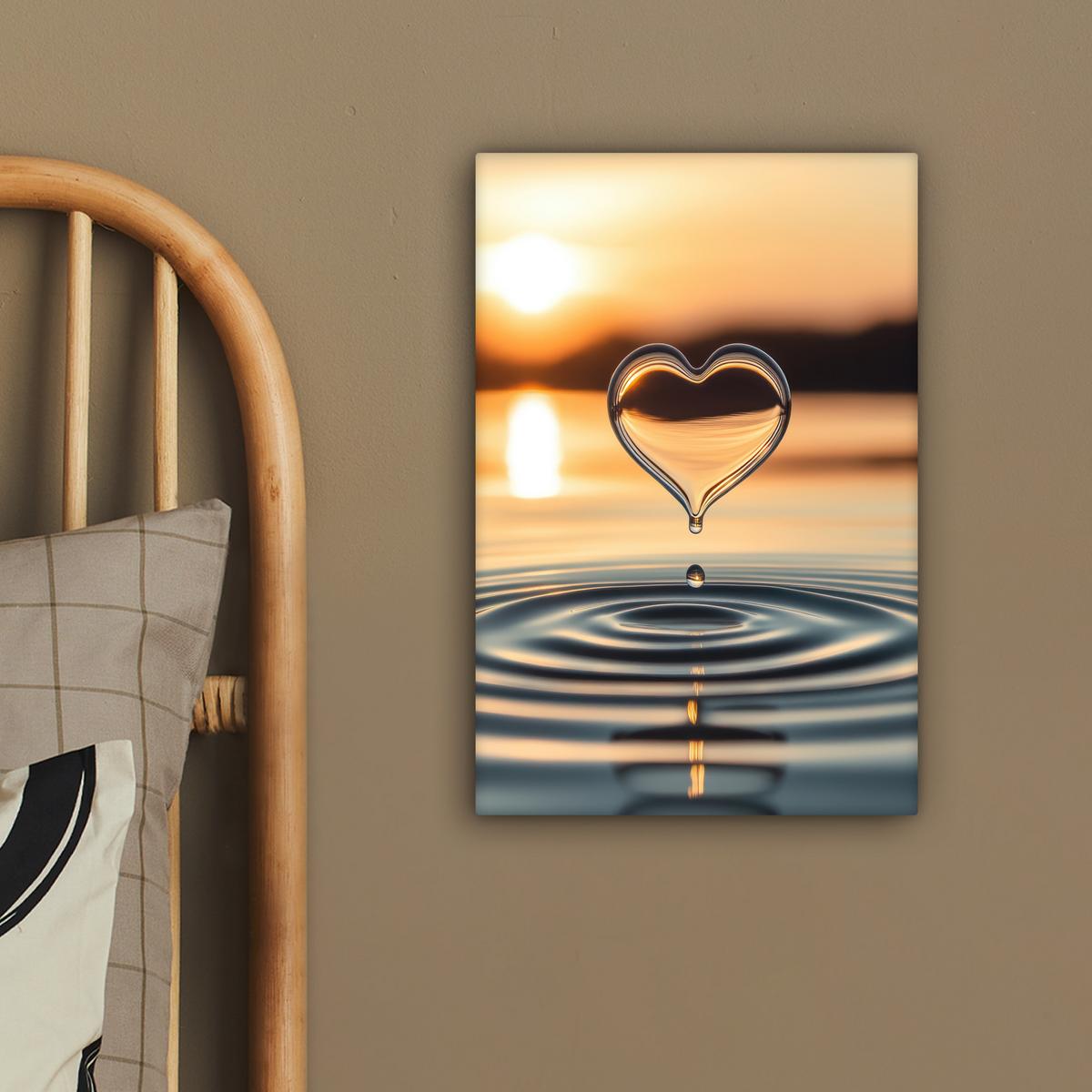 LEINWANDBILD Herz - Wasser - Sonnenuntergang - Natur - Zen Deko Wohnzimmer 20x30 cm - Bernsteinfarben, Textil (20/30cm) - MuchoWow