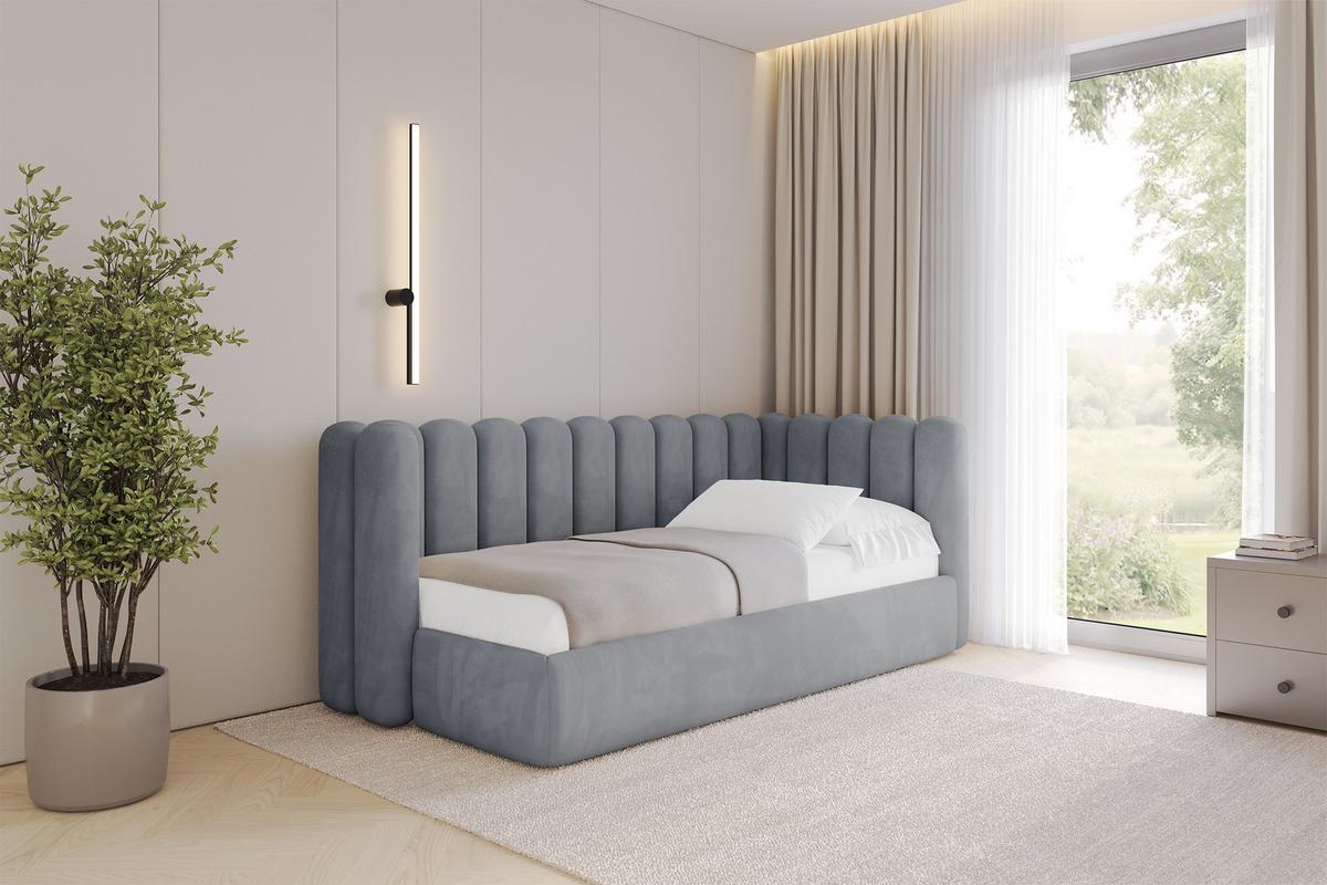 EINZELLBETT Jugendbett mit Bettkasten und Matratze H3/H4, Links - HUGY 100x200 Grau - Grau, Holzwerkstoff/Textil (100/200cm) - ALTDECOR
