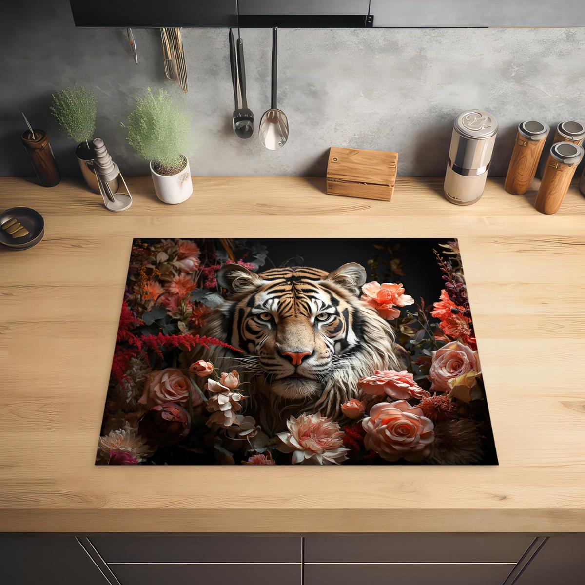 HERDABDECKPLATTE Tiger - Tier - Natur - Floral - Botanisch Herdabdeckung Induktionsfeld 65x52 cm - Orange, Kunststoff (65/52/0.2cm) - MuchoWow