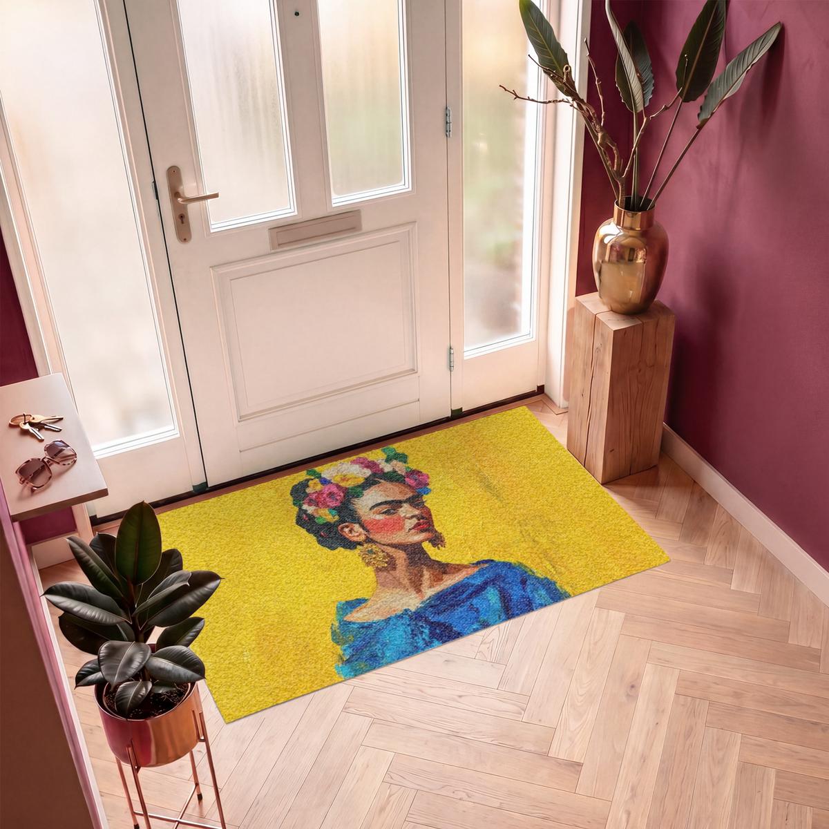 FUSSMATTE Frida Kahlo - Frau - Gelb - Blau - Blumen Schmutzfangmatte 150x90 cm - Gelb, Kunststoff (150/0.4cm) - MuchoWow