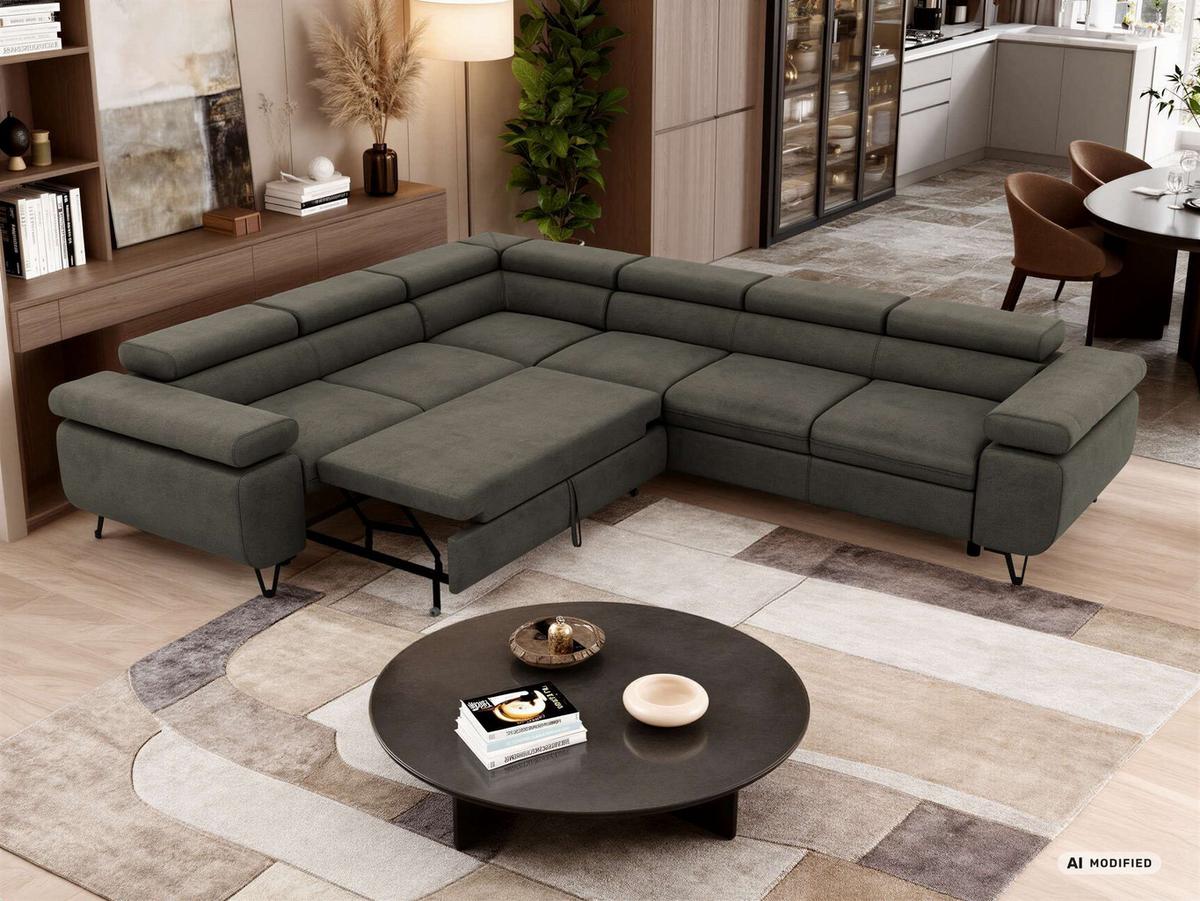 ECKSOFA NORDEN L - Dunkelgrau Velvet - Rechts Seite - Dunkelgrau/Anthrazit, Textil/Metall (329/269cm) - MKS