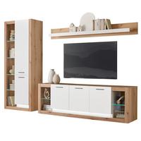 WOHNWAND weiß matt, Evoke Eiche, Wohnkombination Set 3-teilig 298 cm - Eichefarben/Silberfarben, Glas/Holzwerkstoff (298/195/43cm) - Furn.Design