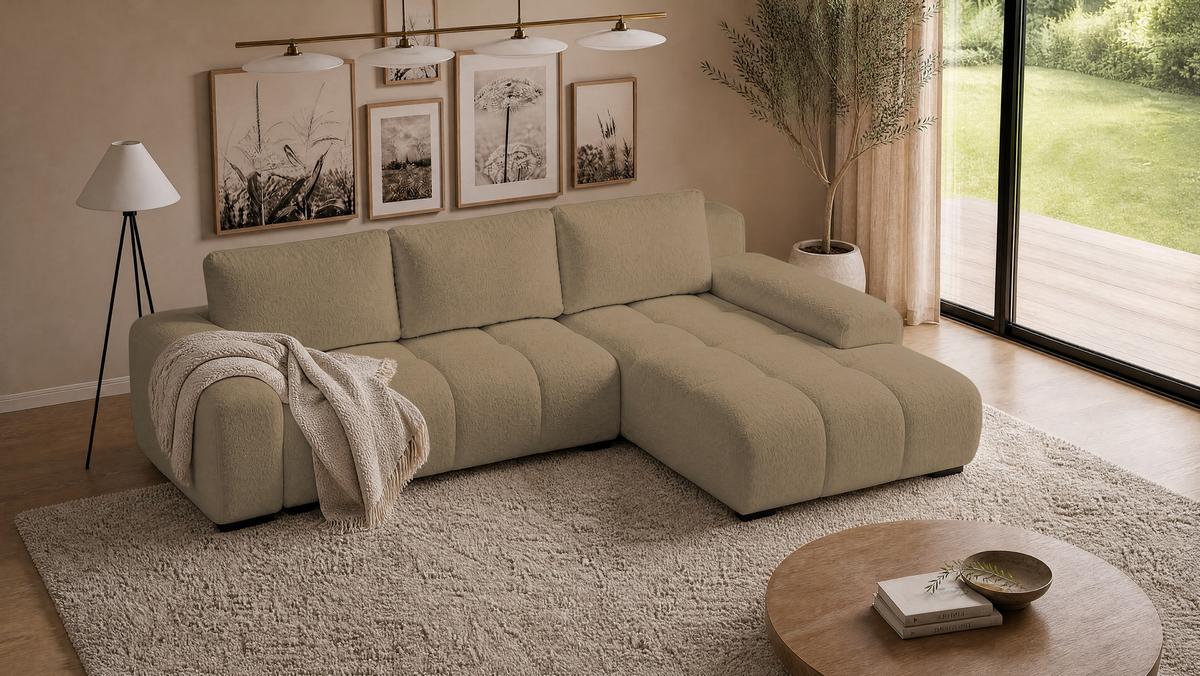 ECKSOFA Ovia mit Bettkasten und Schlaffunktion, Bouclé-Stoff in L-Form - Cappuccino, Textil (270/185cm)