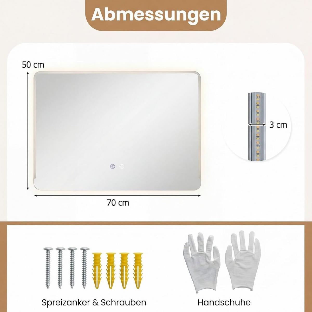 BADSPIEGEL mit Beleuchtung silber - Silberfarben, Glas (70/50/3cm) - COSTWAY