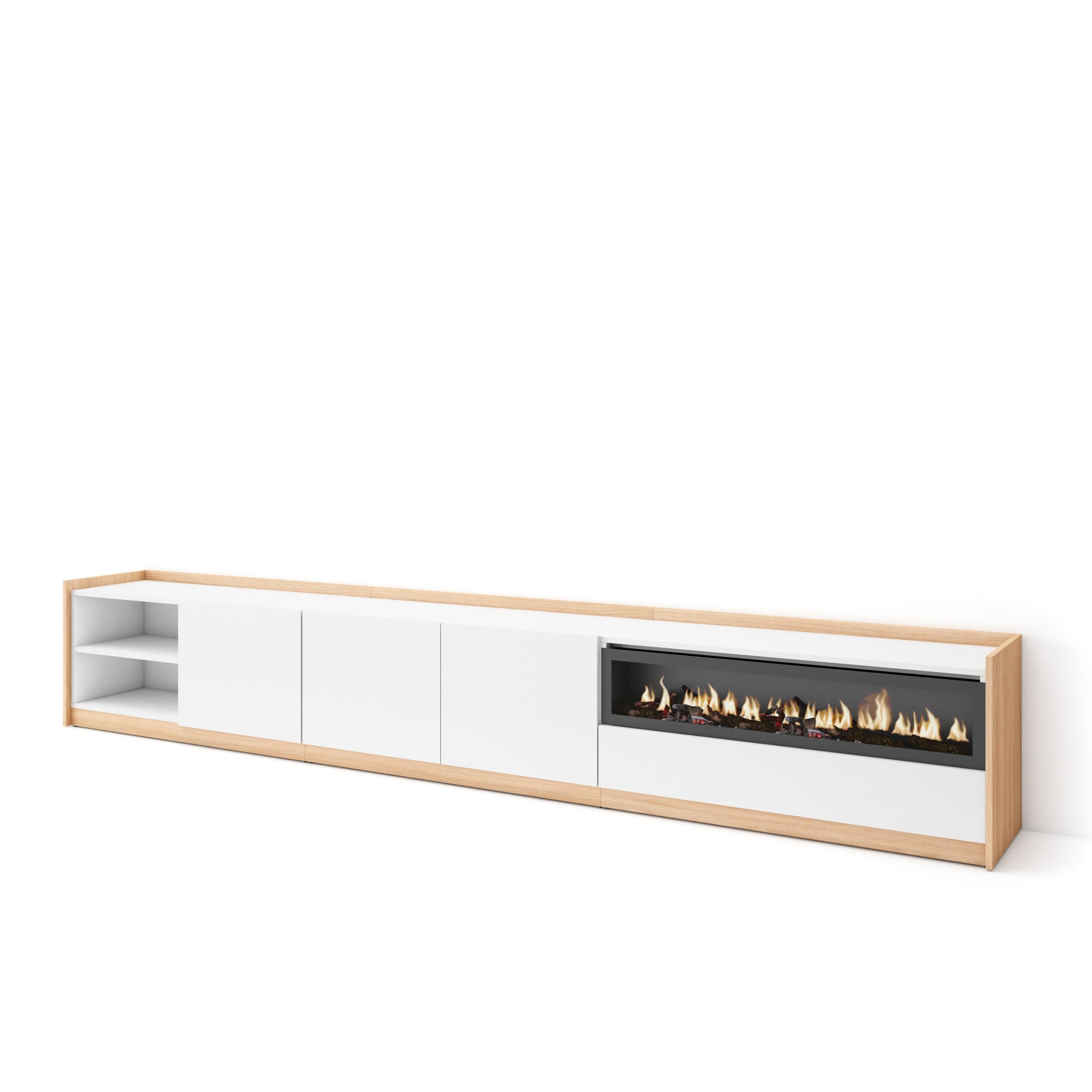 LOWBOARD, Weiß und Eiche Soft, Elektrokamin, 310/37/50cm - Weiß, Holzwerkstoff (310/50/37cm) - Skraut Home