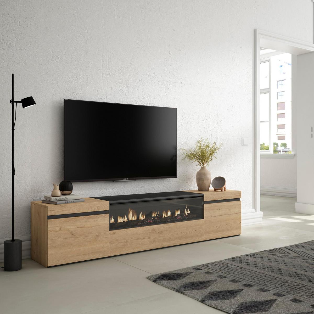 LOWBOARD mit Elektrokamin, Eiche, Schwarz, 200/35/45cm - Eichefarben, Holzwerkstoff (200/45/35cm) - Skraut Home