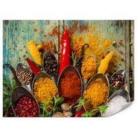 FOTOTAPETE für Küche Gewürze Holz Rustikal Paprika Ingwer 450x315 - Türkis/Blau, Papier (450/315cm) - Muralo