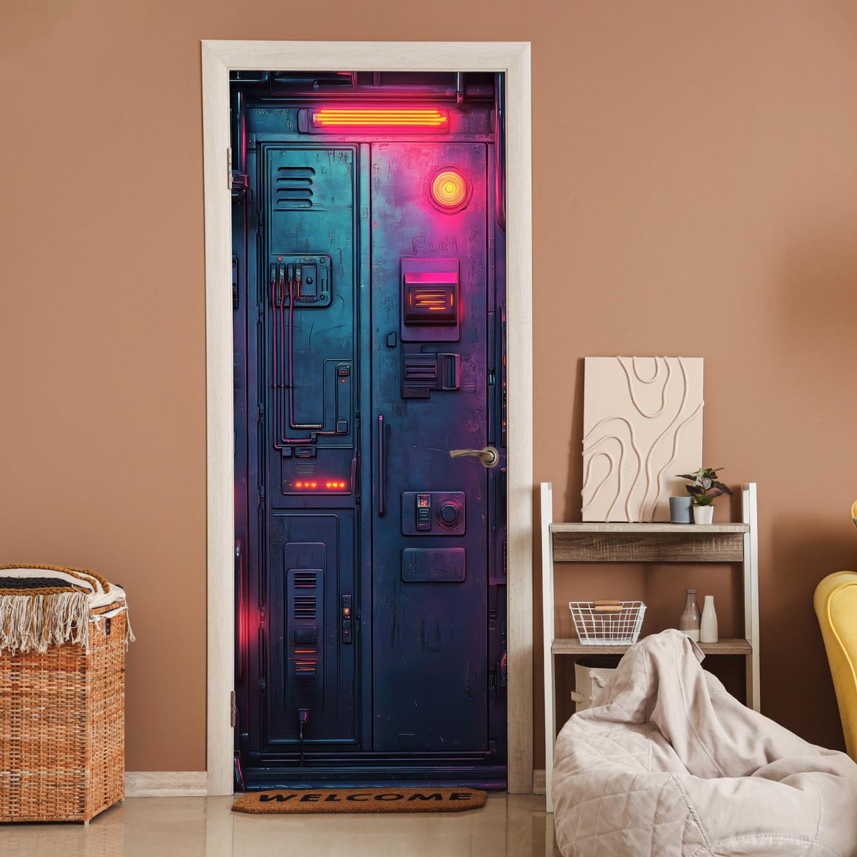 TÜRAUFKLEBER Tür - Futuristisch - Blau - Rosa - Neon 90x235 cm - Türtapete - Anthrazit, Kunststoff (90/0.1cm) - MuchoWow