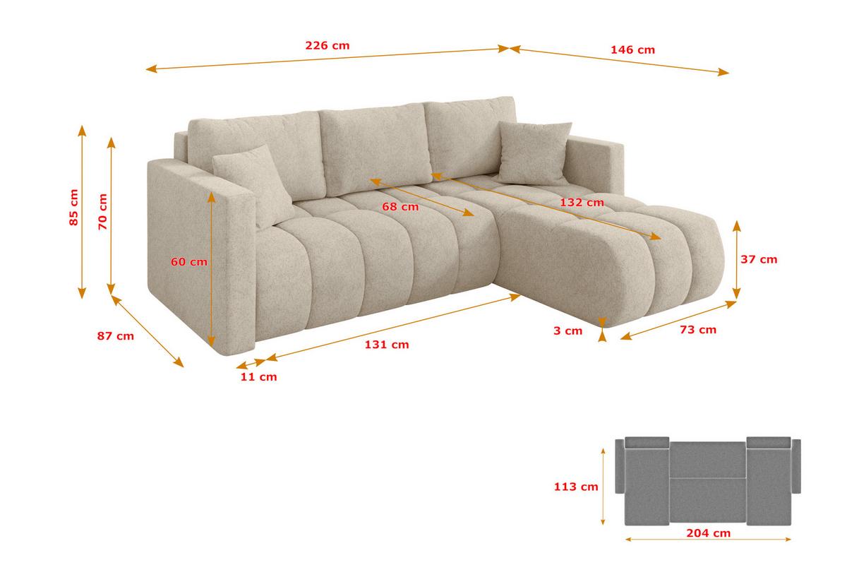 ECKSOFA mit Schlaffunktion Ottomane Rechts GARD-L 226x146x85 Creme Velours - Creme/Schwarz, Holzwerkstoff/Kunststoff (226/146cm) - ALTDECOR