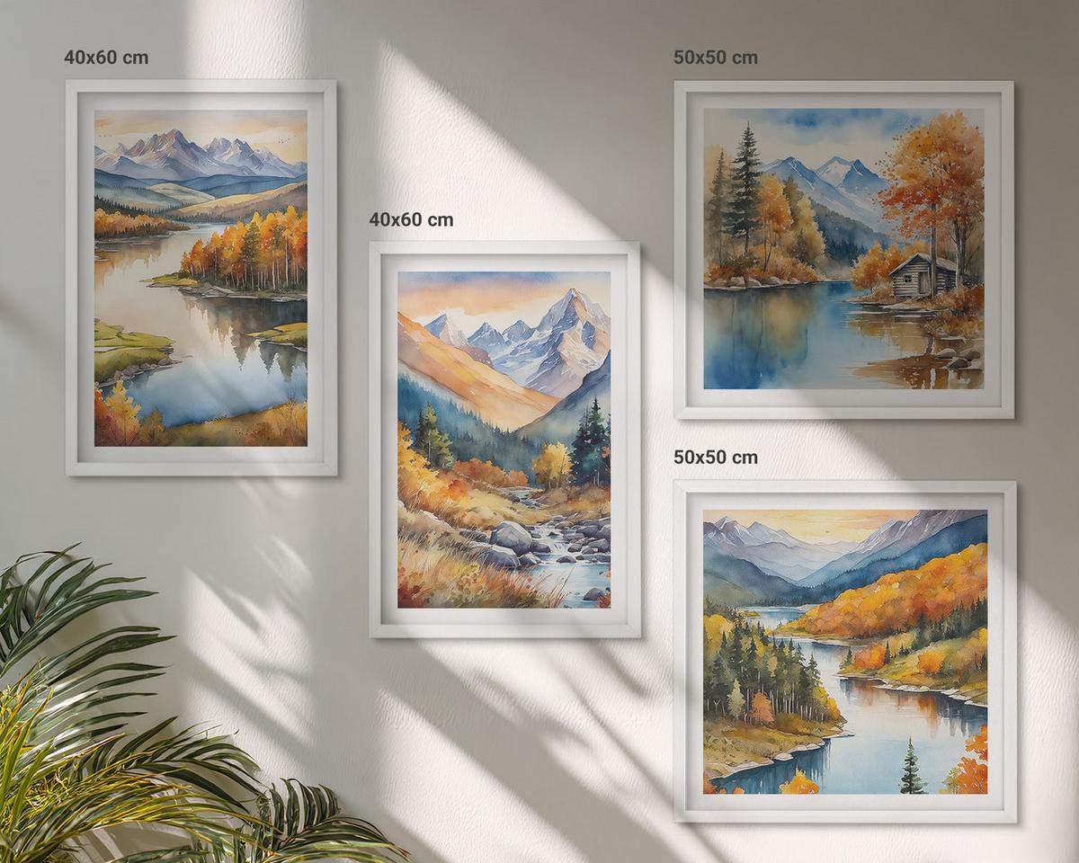 BILDER SET 4er Set - 50x50 cm & 40x60 cm Weißer Rahmen - Bergblick, Fluss, Herbst - Weiß, Kunststoff (50/50cm) - TULUP
