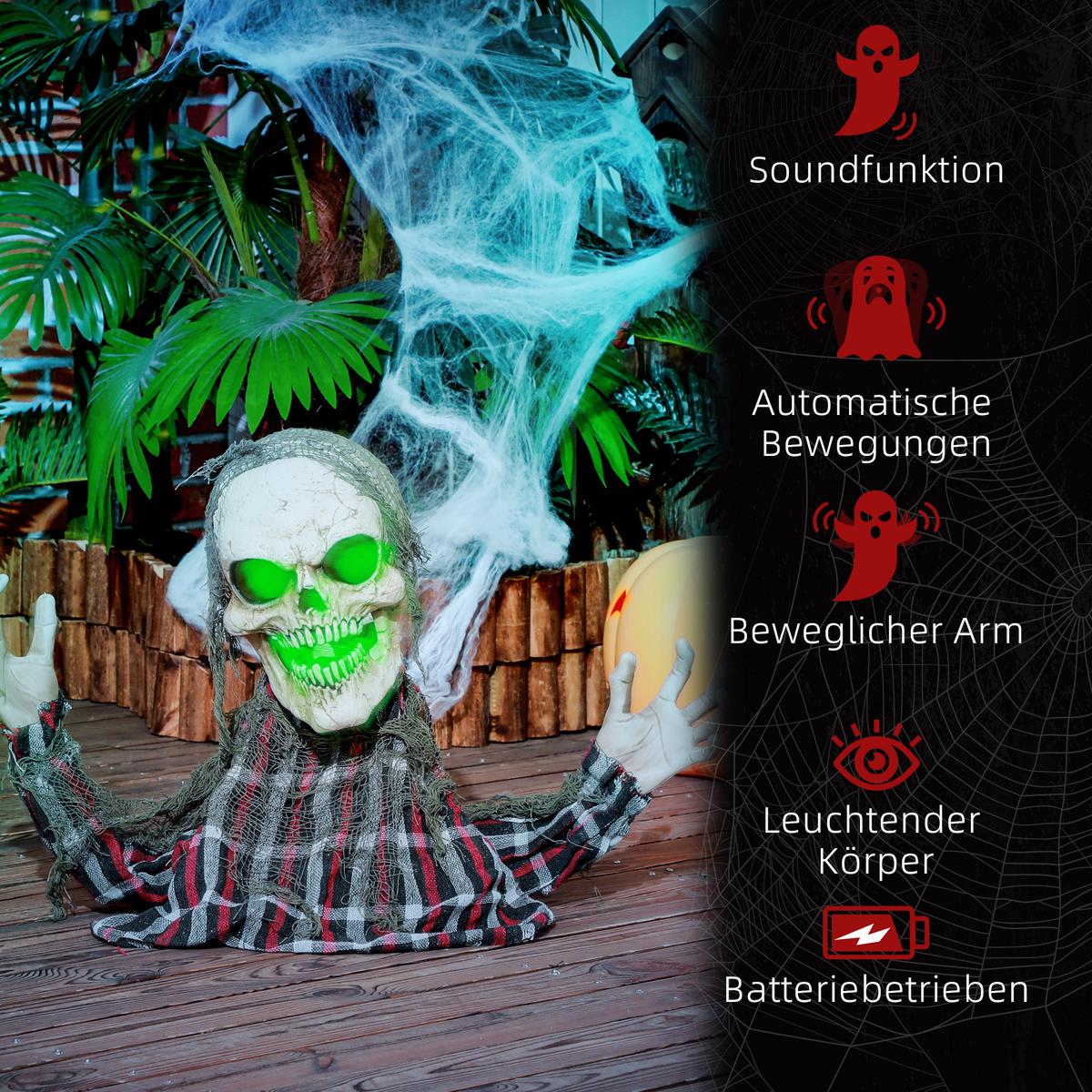 70CM Halloween Dekoration Skelett Halbkörper Figur mit LED-Lichter Soundfunktion - Dunkelgrau, Kunststoff (16/70/40cm) - HOMCOM