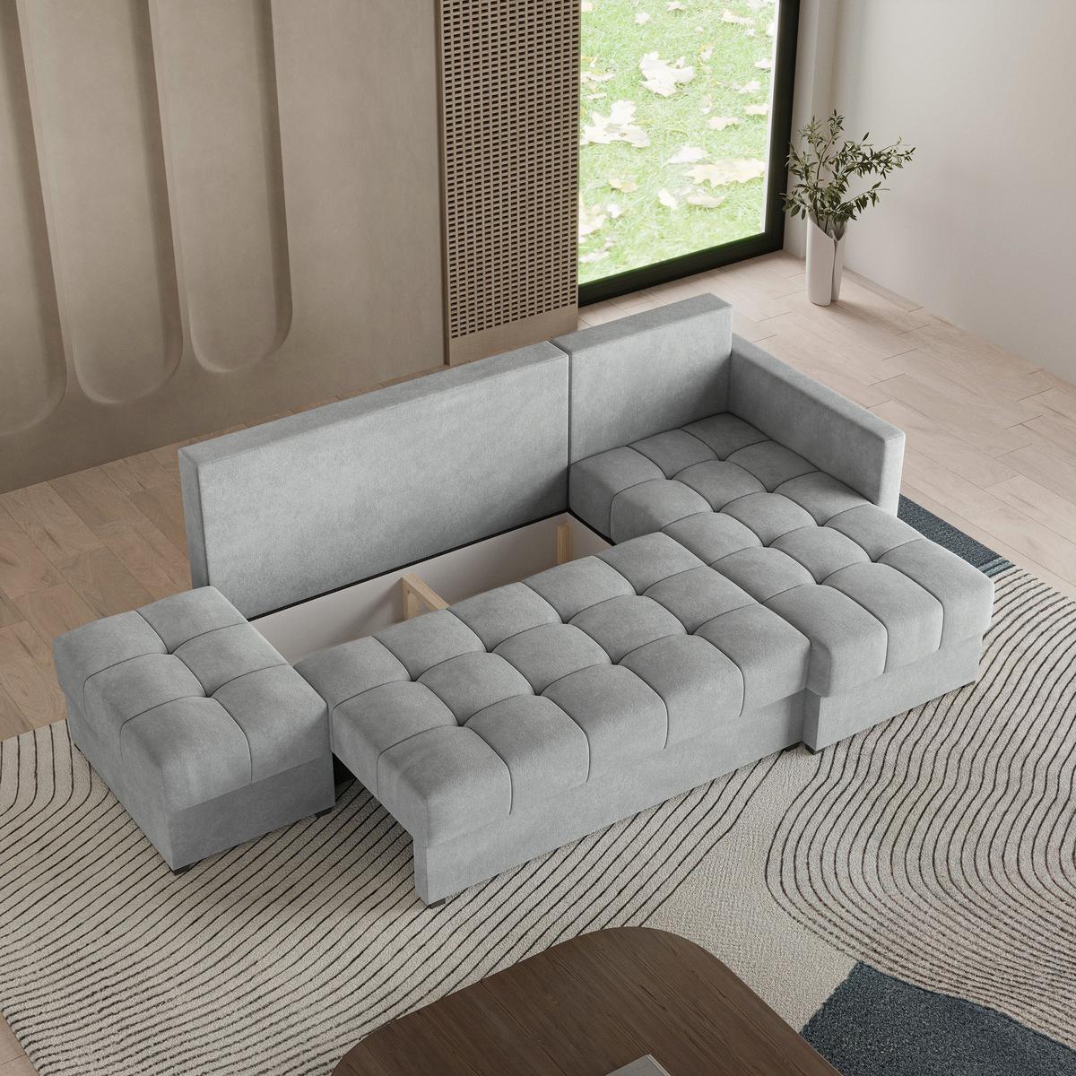 ECKSOFA LUMARI R-S Hellgrau Plüsch-Stoff mit Schlaffunktion - Hellgrau, Holz (262/143cm) - MASSENO