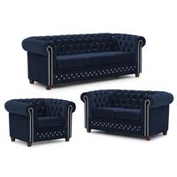SITZGARNITUR 3+2+1 Chesterfield Cleo Blink Marineblau Samt mit Kristallsteppung und braunen Massivholzfüßen - Blau/Braun, Holz/Textil (203/72/86cm) - S-Style Möbel