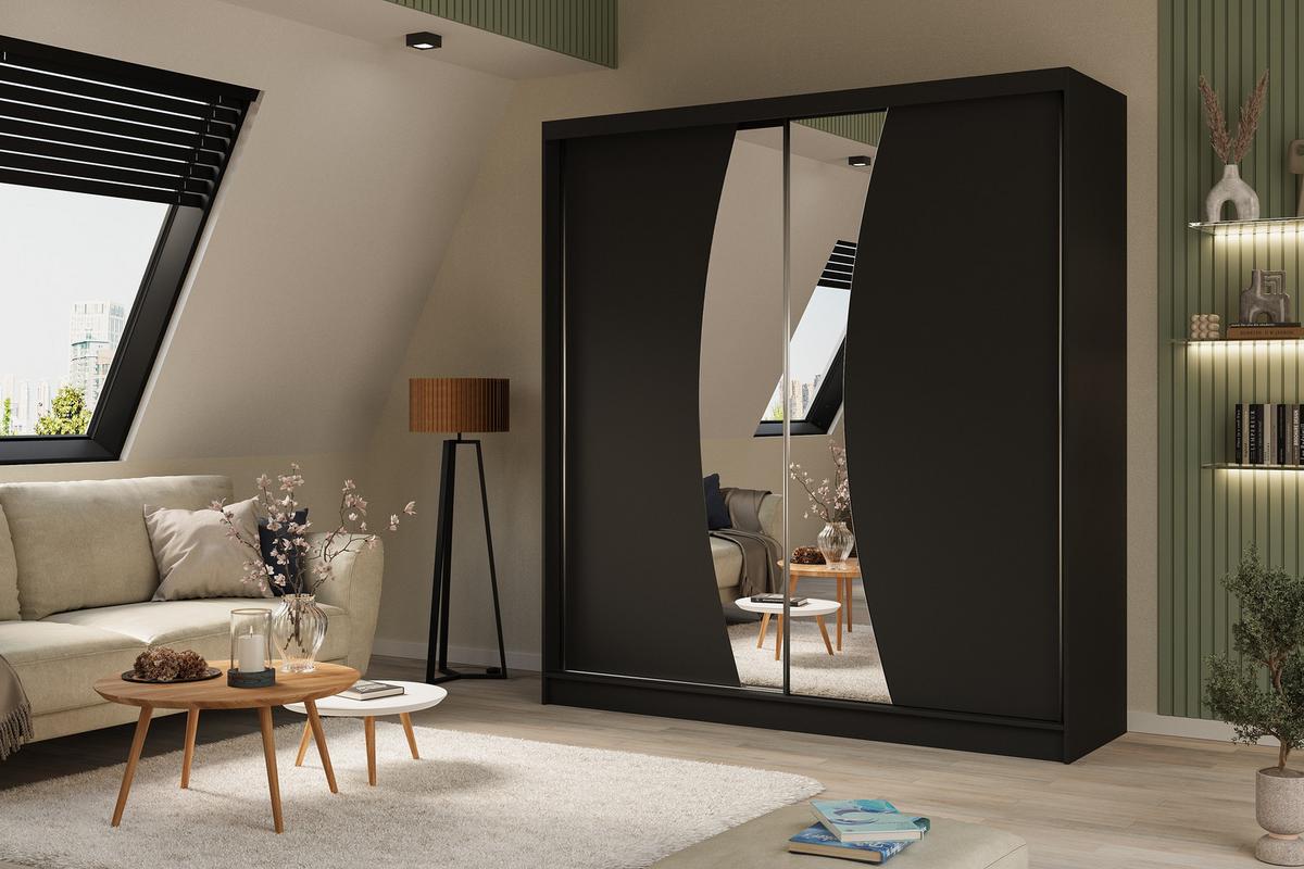 KLEIDERSCHRANK mit Spiegel-Schiebetüren und Aluminium-Leisten - VOXI - 200 cm Schwarz - Schwarz, Holzwerkstoff (200/216/61cm) - ALTDECOR