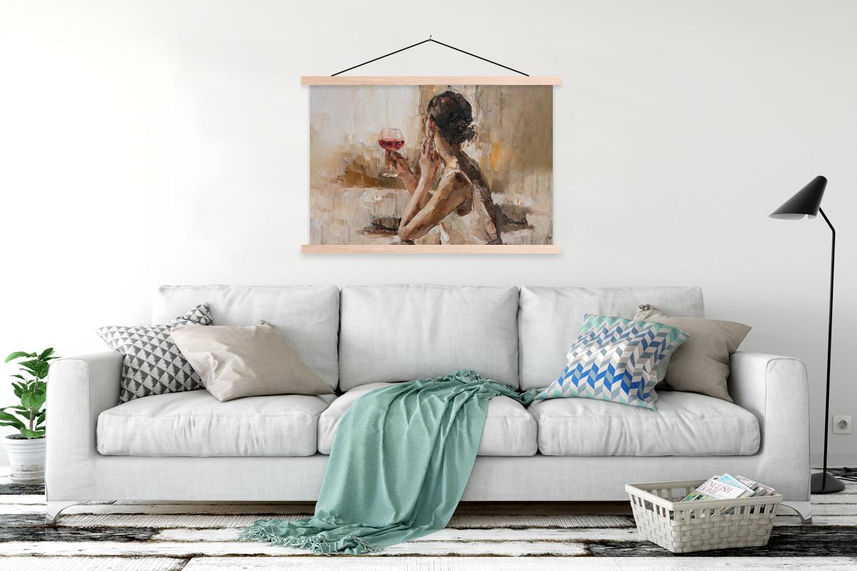 POSTER MIT MAGNETLEISTEN Ölgemälde - Frau - Wein Magnetleiste 120x80 cm - Hellbraun, Textil (120/80/0.15cm) - MuchoWow
