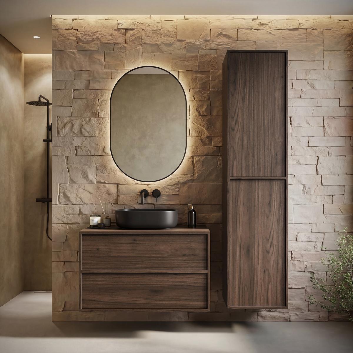 BADMÖBEL-SET Mali 80 cm Walnuss Braun - mit Hochschrank - 80 x 46 x 49 cm - Eichefarben/Walnussfarben, Holz (80/49/46cm) - Badplaats