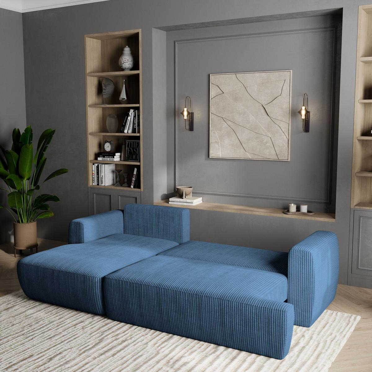 ECKSOFA SENTI P L-S Blau Kordstoff mit Schlaffunktion - Blau/Schwarz, Holz/Kunststoff (246/148cm) - MASSENO
