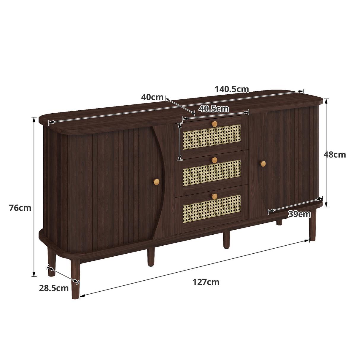 SIDEBOARD Walnuss Optik mit Rattan Schubladen und Schiebetüren - Walnussfarben, Naturmaterialien/Holzwerkstoff (140/73/40cm) - Urban Meuble