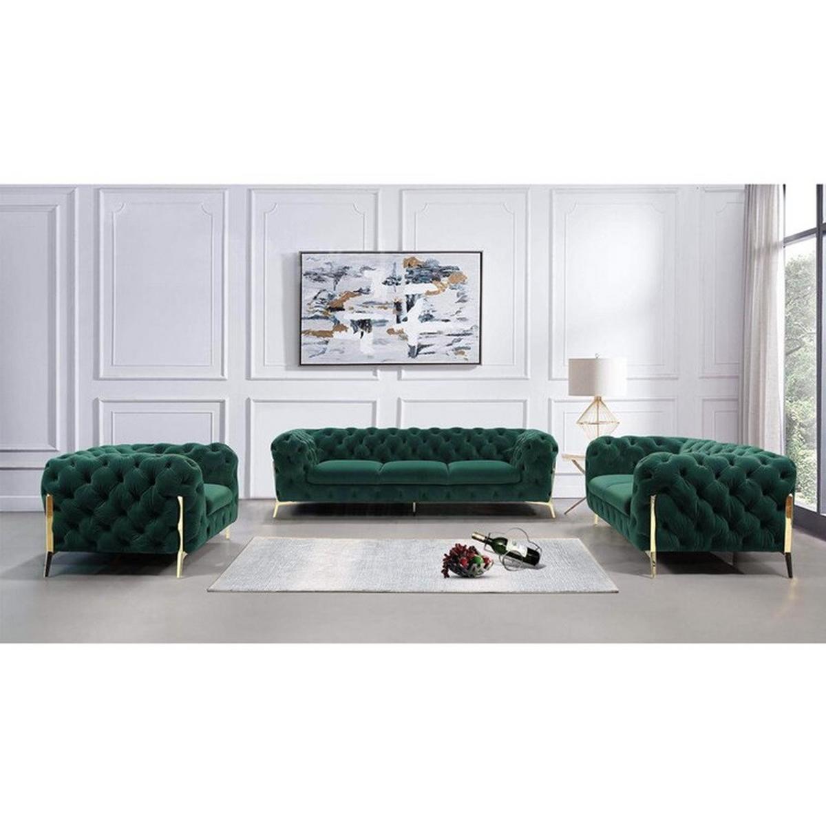 SITZGARNITUR 3+2+1 Chesterfield Lexi Flasche Grün Samt - Smaragdgrün/Goldfarben, Holz/Textil (243/75/100cm) - S-Style Möbel