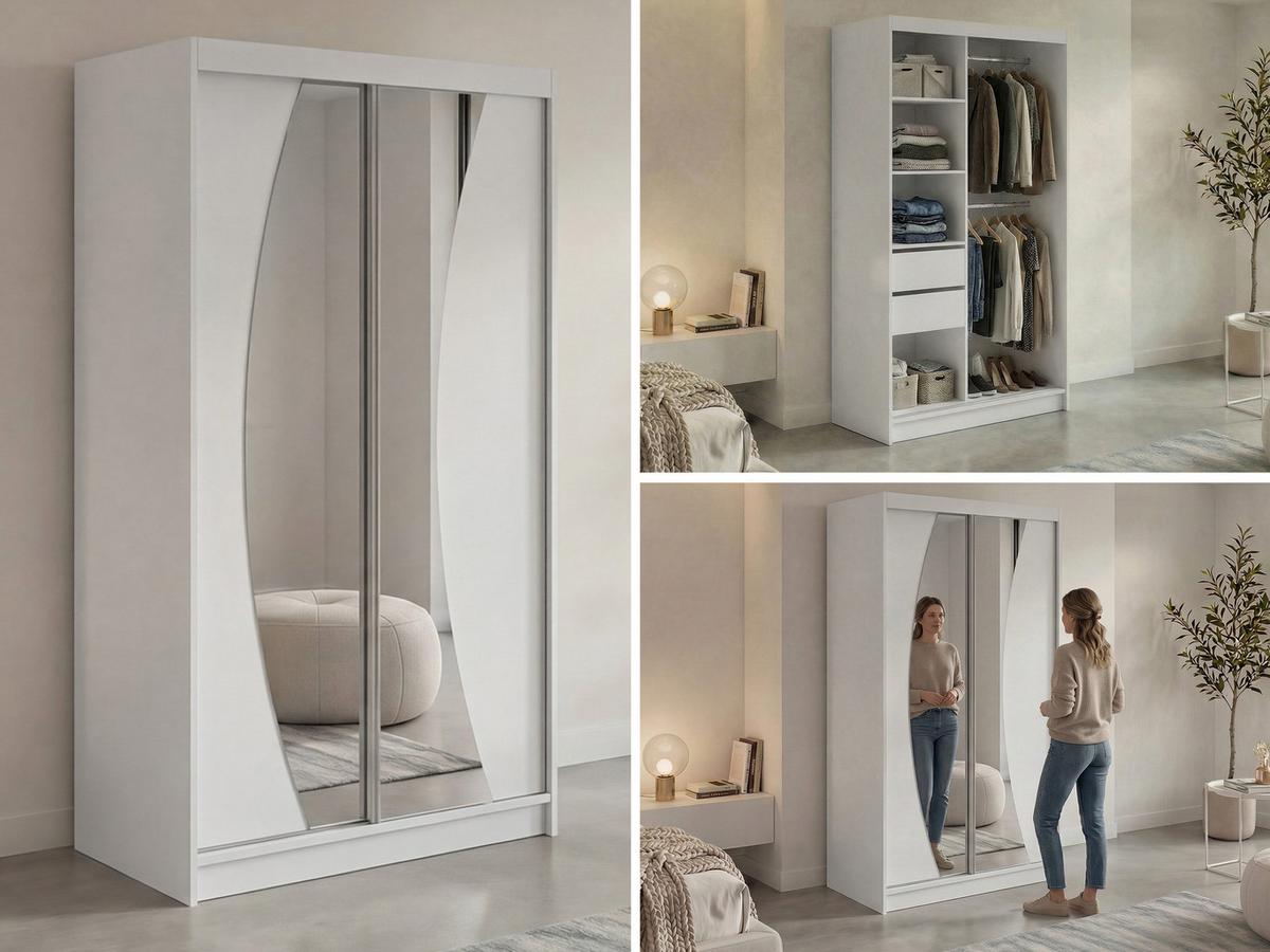 SCHWEBETÜRENSCHRANK mit Schubladen 120 - VERONA - Weiß mit Spiegel - Alufarben/Weiß, Holzwerkstoff/Metall (120/216/61cm) - MKS
