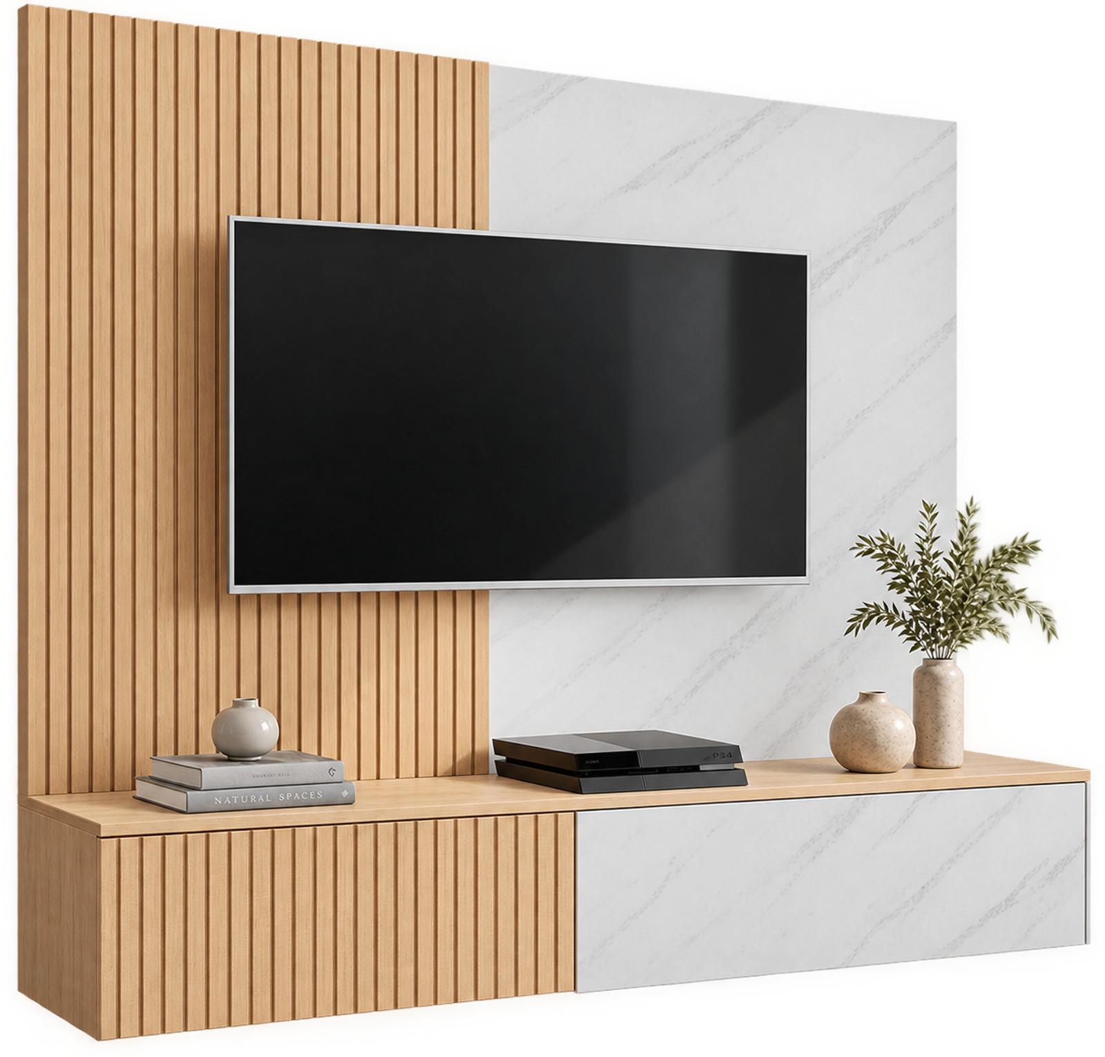 TV-LOWBOARD Cremona Eiche, Marmor weiß 160 cm hängend, TV Unterschrank Set mit Wandpaneel - Eichefarben/Weiß, Holzwerkstoff (160/148/35cm) - Inn.Furn