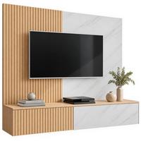 TV-LOWBOARD Cremona Eiche, Marmor weiß 160 cm hängend, TV Unterschrank Set mit Wandpaneel - Eichefarben/Weiß, Holzwerkstoff (160/148/35cm) - Inn.Furn