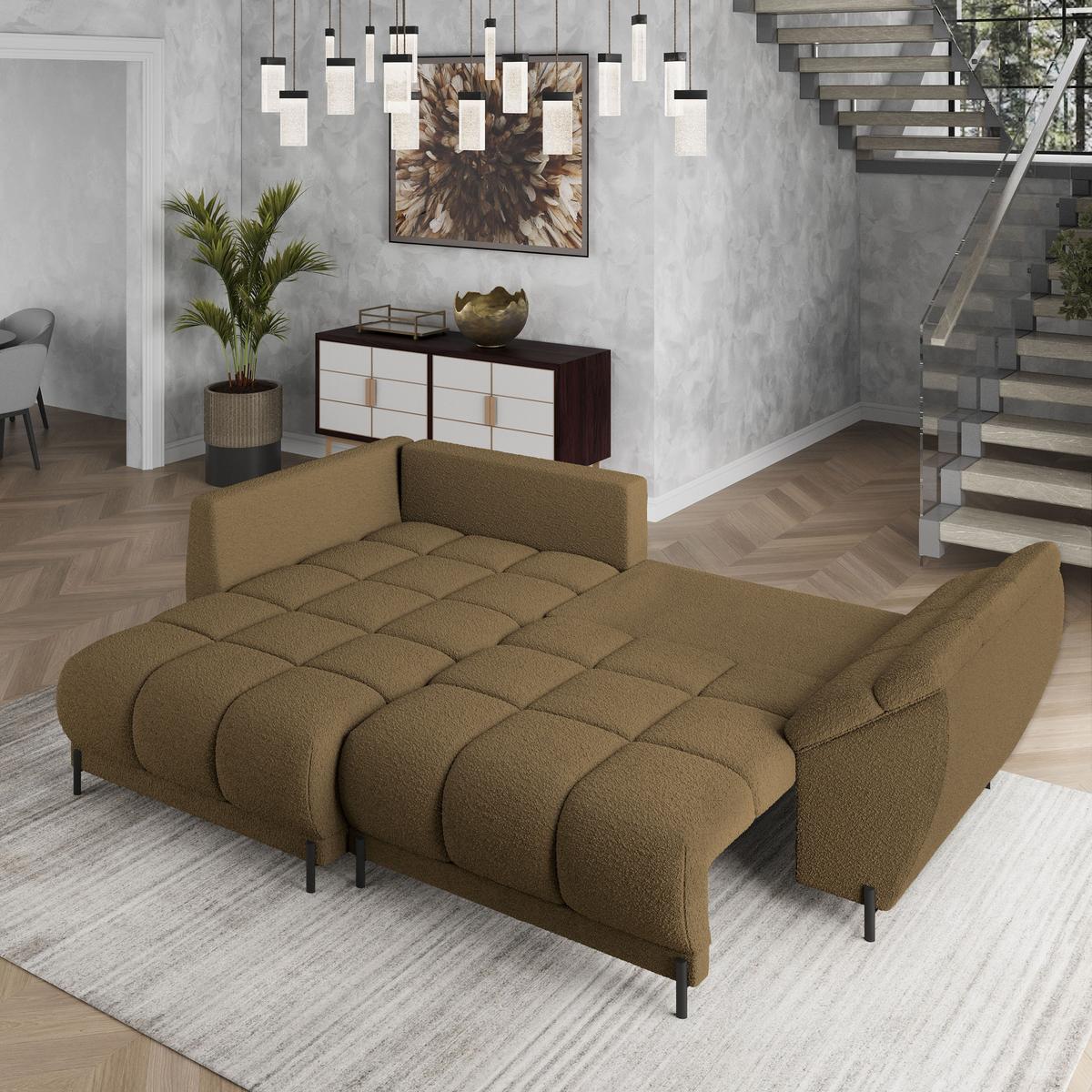 ECKSOFA VESTANO L-S Orange Boucle-Stoff mit Schlaffunktion - Orange, Holz (287/182cm) - MASSENO