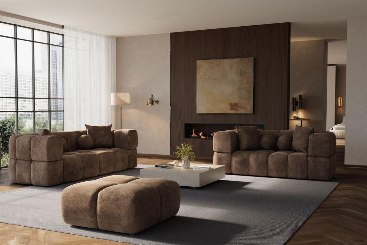 SOFASET Vega 3-2 Inkl. Hocker - Dunkelbraun, Holzwerkstoff/Textil (250/77/103cm) - Fun Möbel