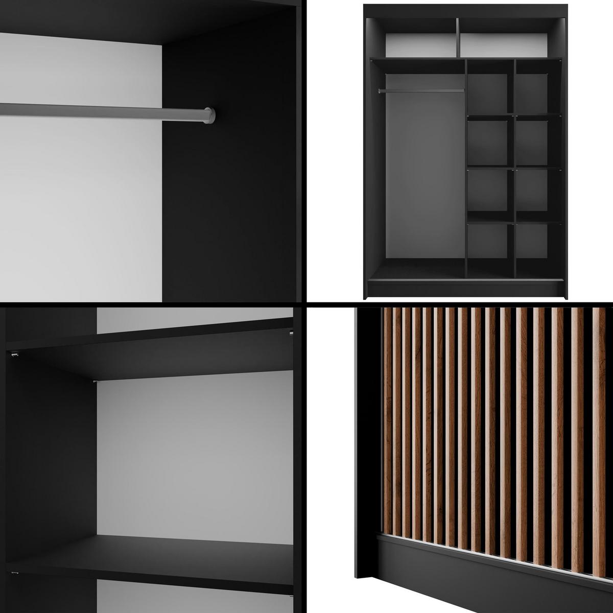 KLEIDERSCHRANK mit LED, Lamel-Schiebetüren VILANv2 - 150 cm Schwarz + Lamelle Eiche Wotan - Eiche Wotan/Schwarz, Holzwerkstoff (150/215/61cm) - ALTDECOR