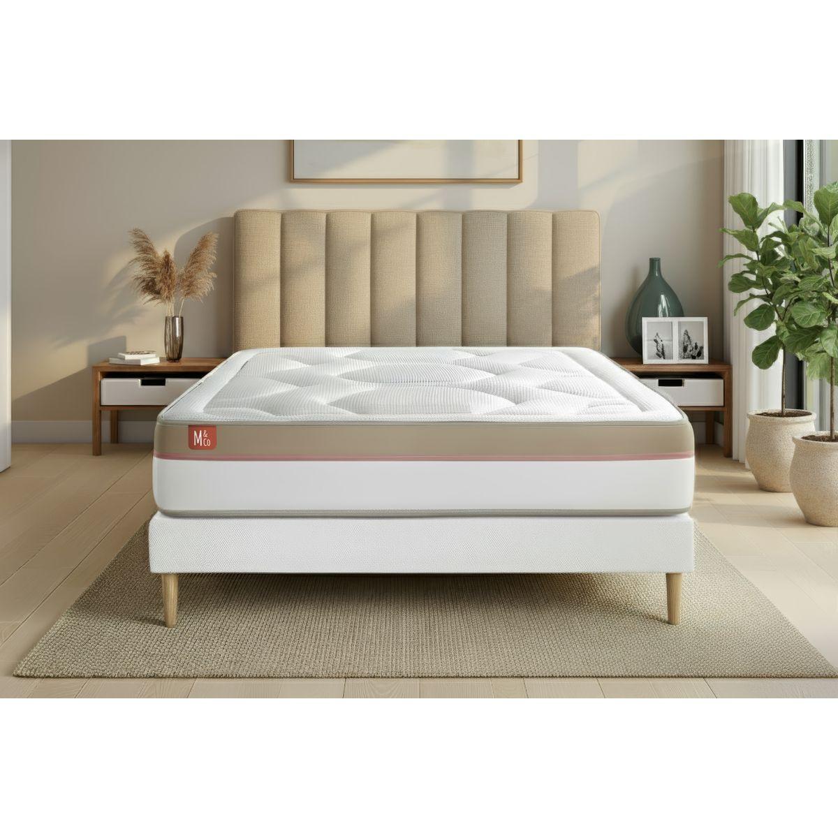 BETT Le Cosy Memory-Schaum 160 x 200 cm h3 - Kit Bettgestell Weiß - Mit Kissen und Bettdecke - Beige/Weiß, Karton/Holz (160/200cm) - Marmottes & Co