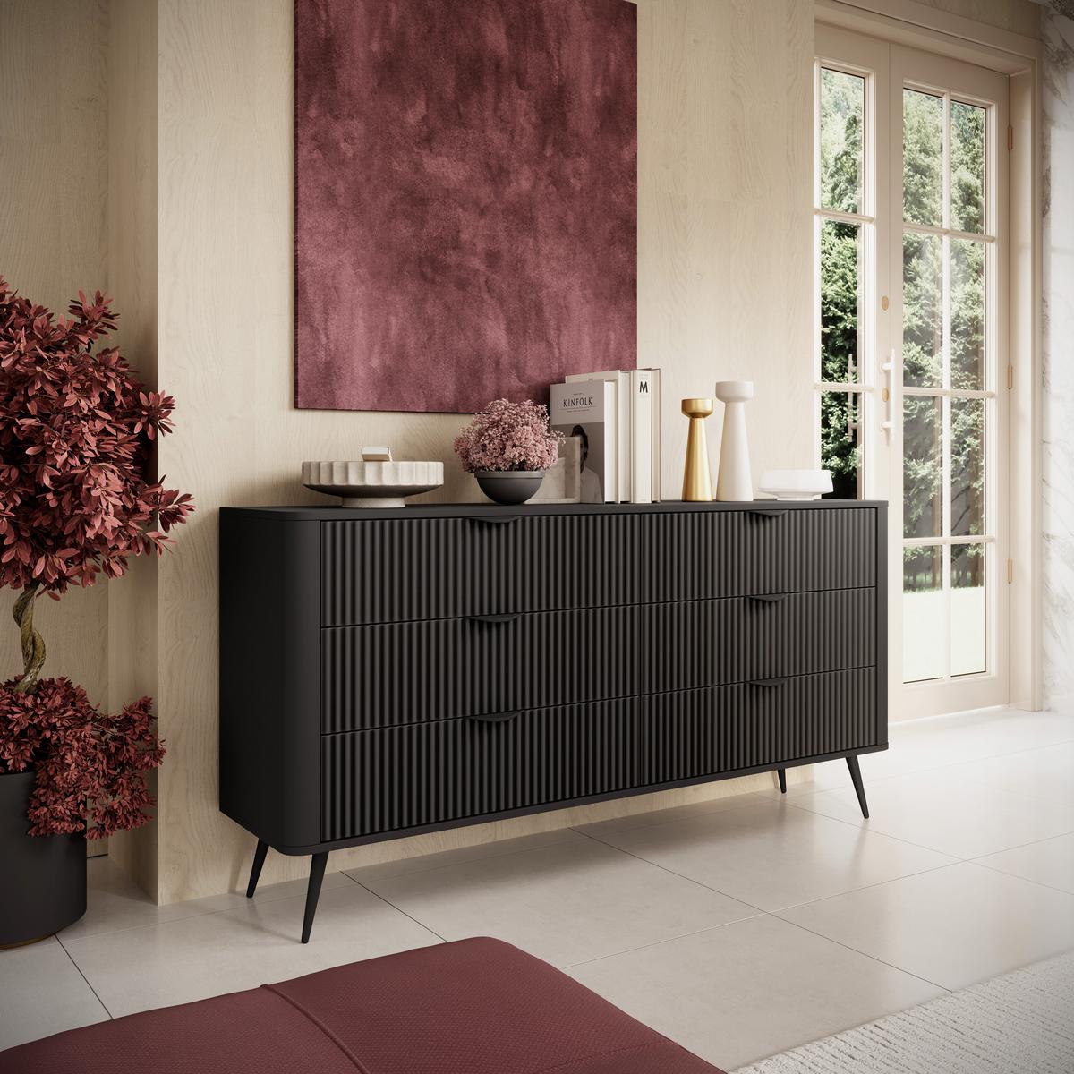 SIDEBOARD Vespasia 6S Schwarz 163,2/81,2/38 cm – Geriffelten Fronten - Schwarz, Holzwerkstoff/Metall (163/81.2/38cm) - AX Living