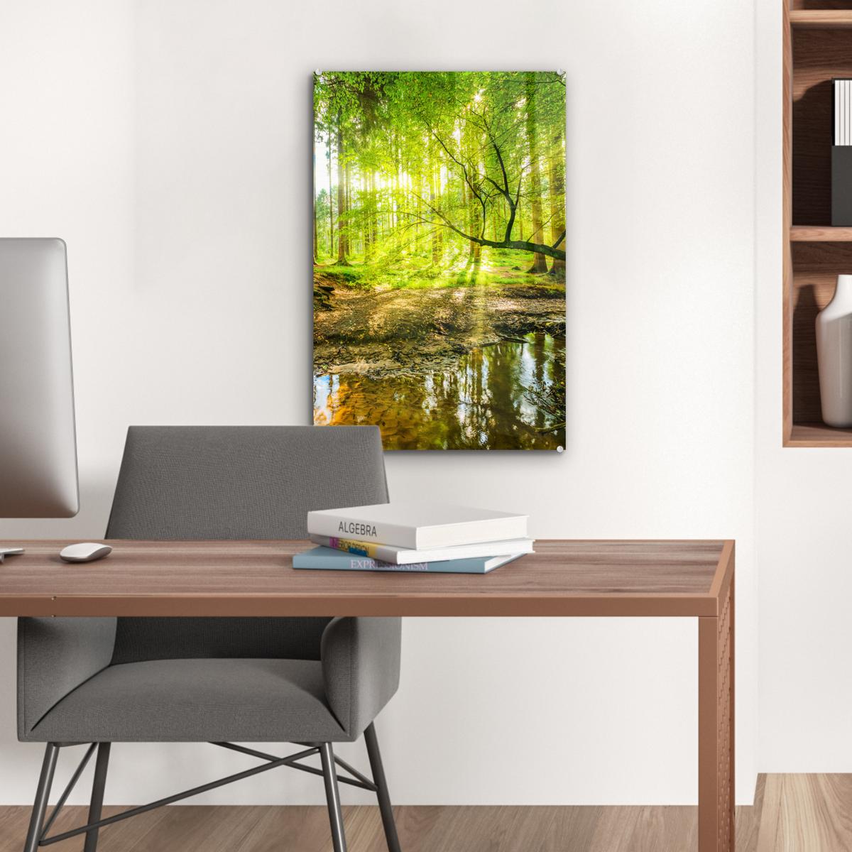 ACRYLGLASBILD Wald - Landschaft - Wasser - Bäume - Sonne - Grün - Natur Wanddeko Wohnzimmer 40x60 cm - Grün, Glas (40/60cm) - MuchoWow