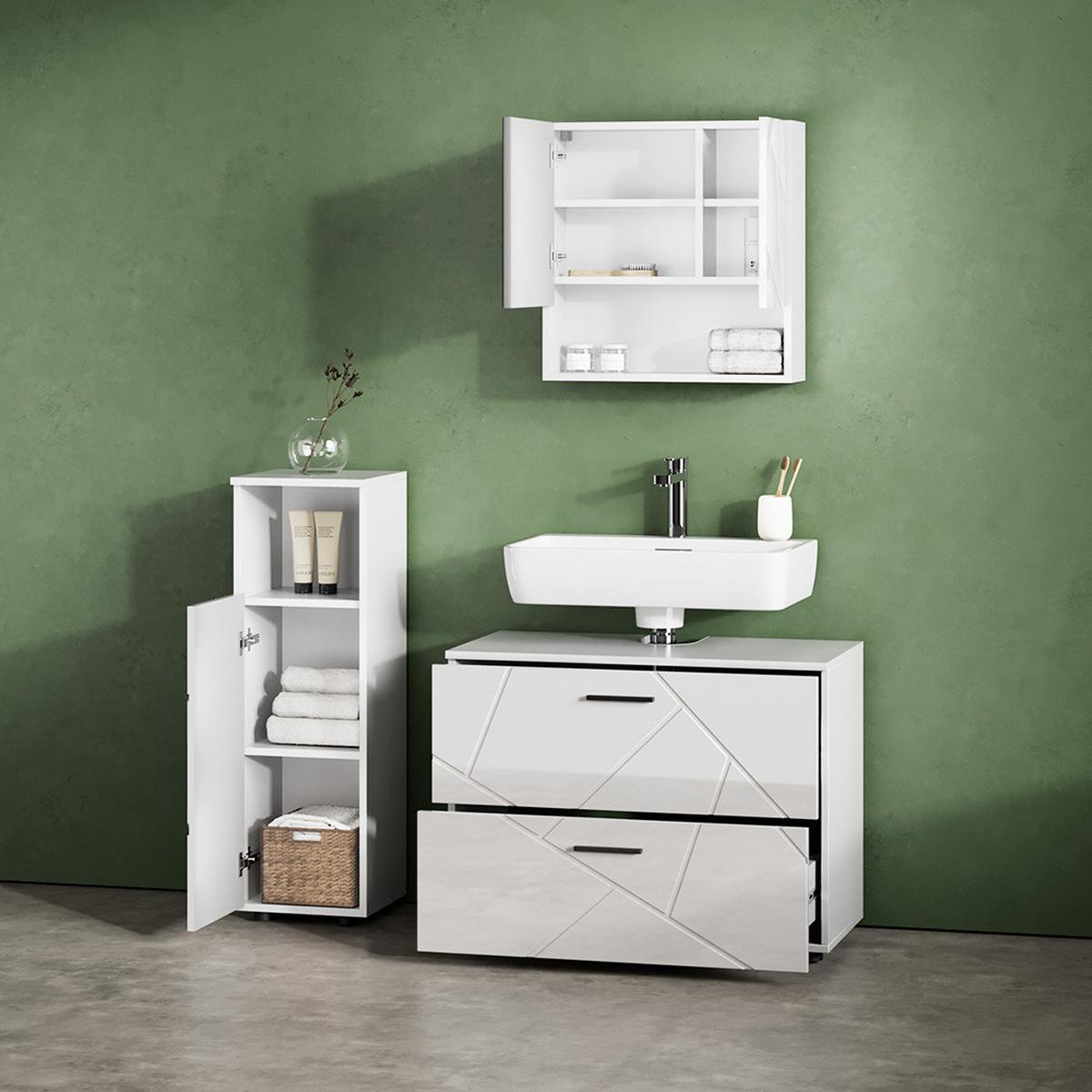 BADMÖBEL-SET Ronco Weiß Hochglanz 3 Teile, mit Midischrank - Weiß Hochglanz, Holzwerkstoff (54/55/41cm) - Livinity®